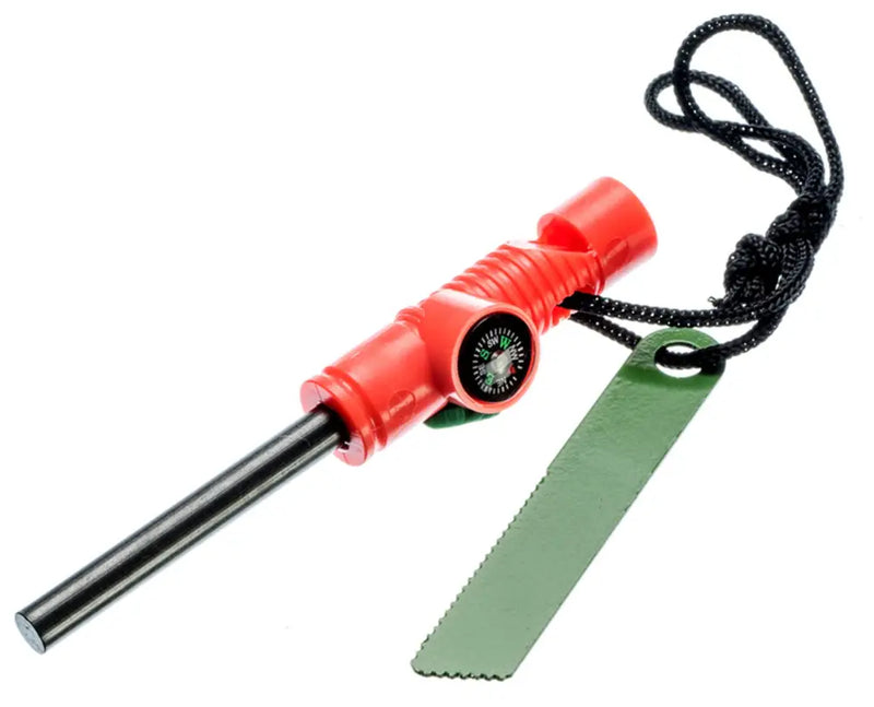 Red fire starter with a black ferro rod, a small compass, and a green striker on a white background