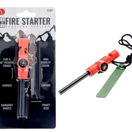 SE 3-in-1 Fire Starter, orange with black lanyard and green striker, packaged next to an unboxed unit