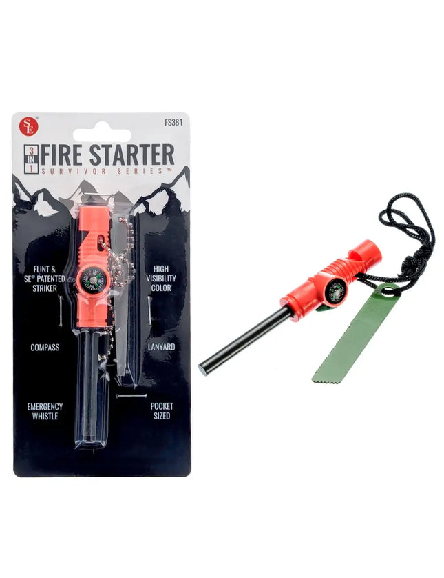 SE 3-in-1 Fire Starter, orange with black lanyard and green striker, packaged next to an unboxed unit