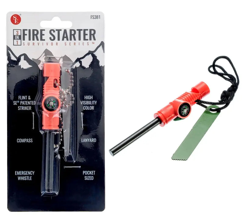 SE 3-in-1 Fire Starter, orange with black lanyard and green striker, packaged next to an unboxed unit