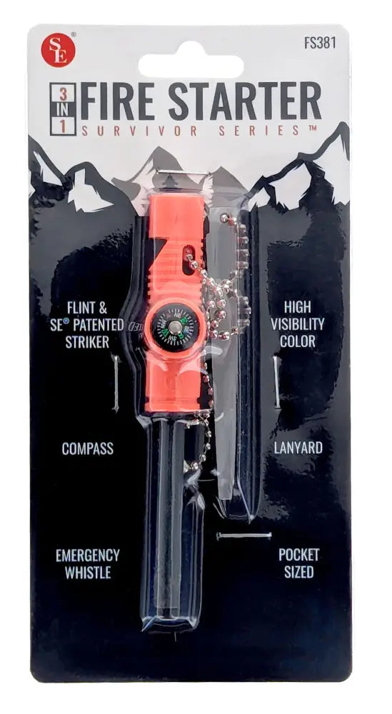 SE 3-in-1 Fire Starter Survivor Series with flint, striker, compass, whistle, and lanyard