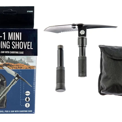 3-in-1 mini folding shovel with pick and saw, shown with its black carrying case and packaging