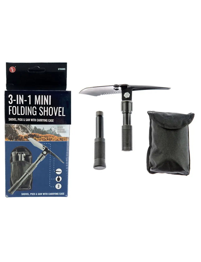 3-in-1 mini folding shovel with pick and saw, shown with its black carrying case and packaging