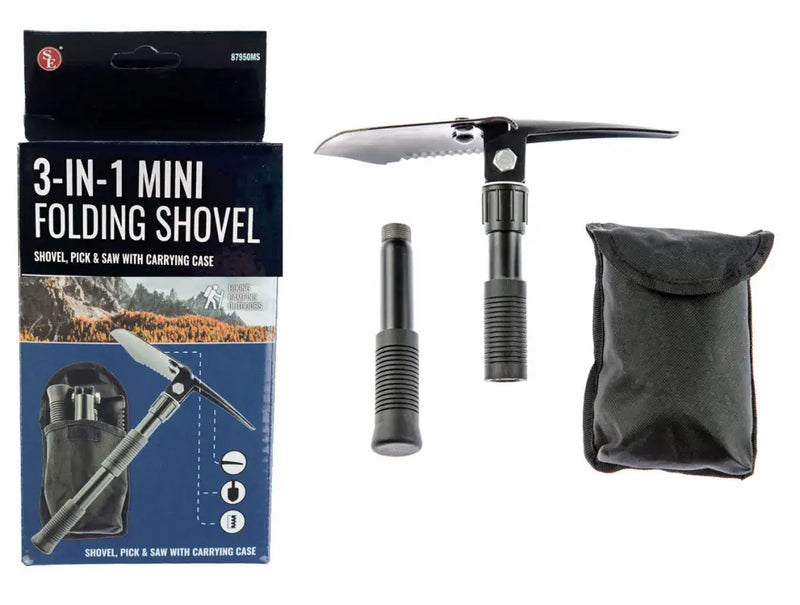 3-in-1 mini folding shovel with pick and saw, shown with its black carrying case and packaging