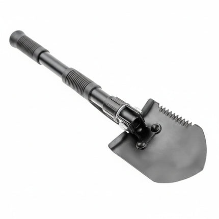 Black folding shovel with a serrated edge and a textured handle