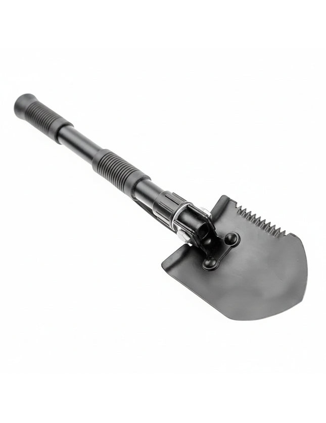 Black folding shovel with a serrated edge and a textured handle