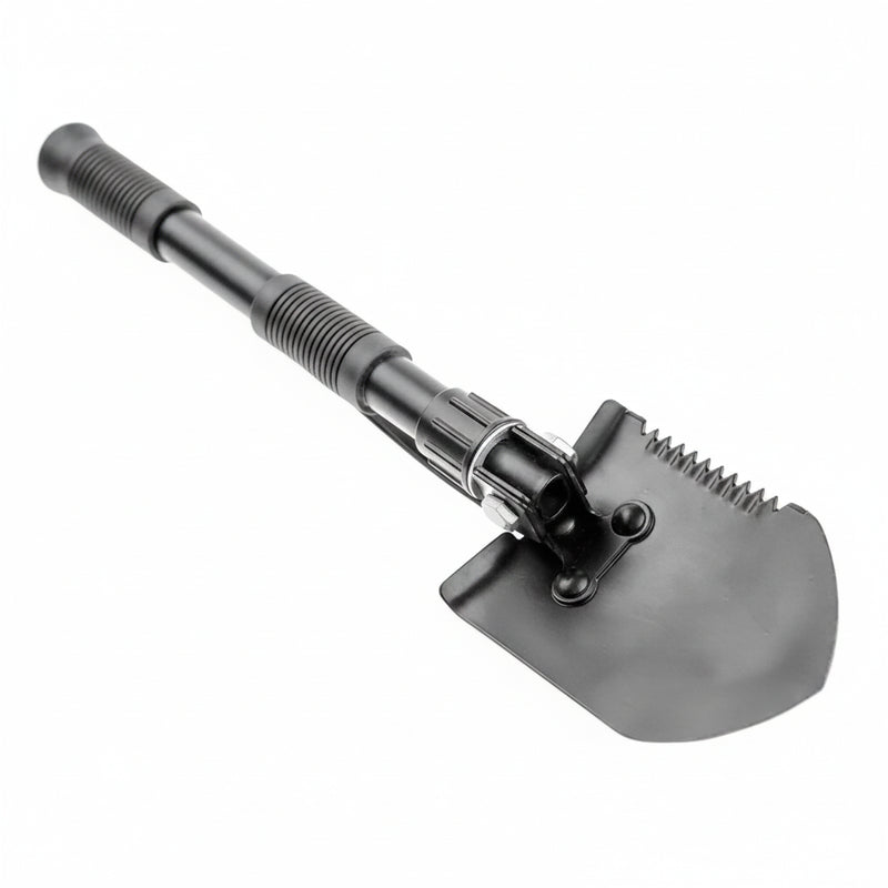 Black folding shovel with a serrated edge and a textured handle