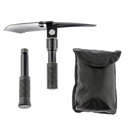 Black folding shovel with serrated edge and pick, disassembled with handle pieces and a black carrying pouch