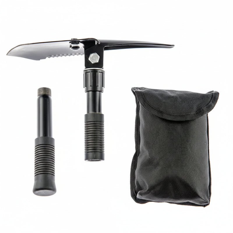 Black folding shovel with serrated edge and pick, disassembled with handle pieces and a black carrying pouch