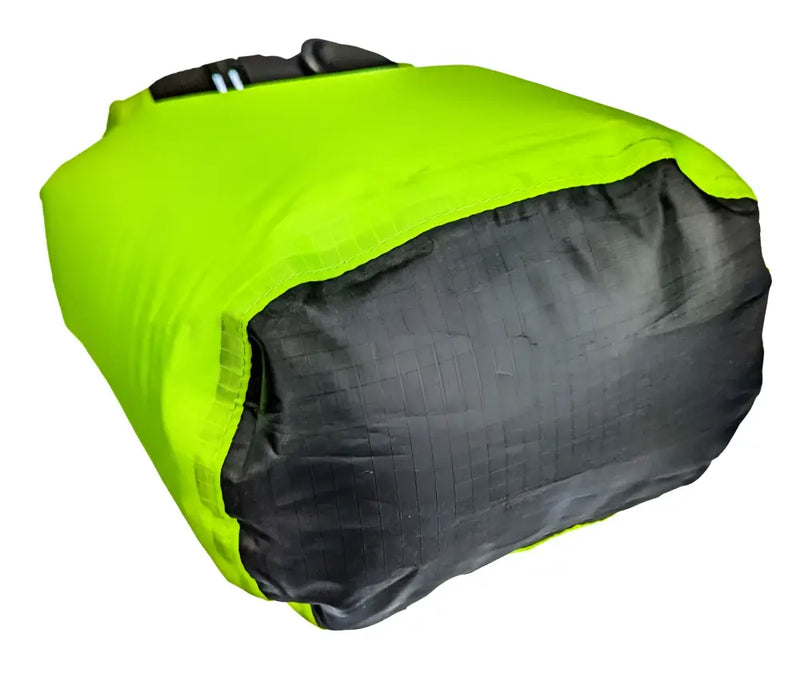 Lime green and black dry bag with a roll-top closure