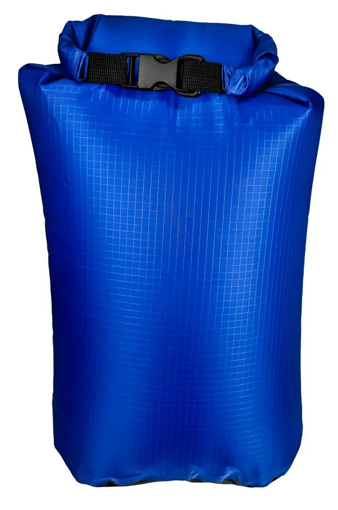 Blue dry bag with a black buckle closure