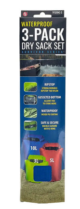 Waterproof 3-pack dry sack set, survivor series, with ripstop, gusseted bottom, and buckle closure
