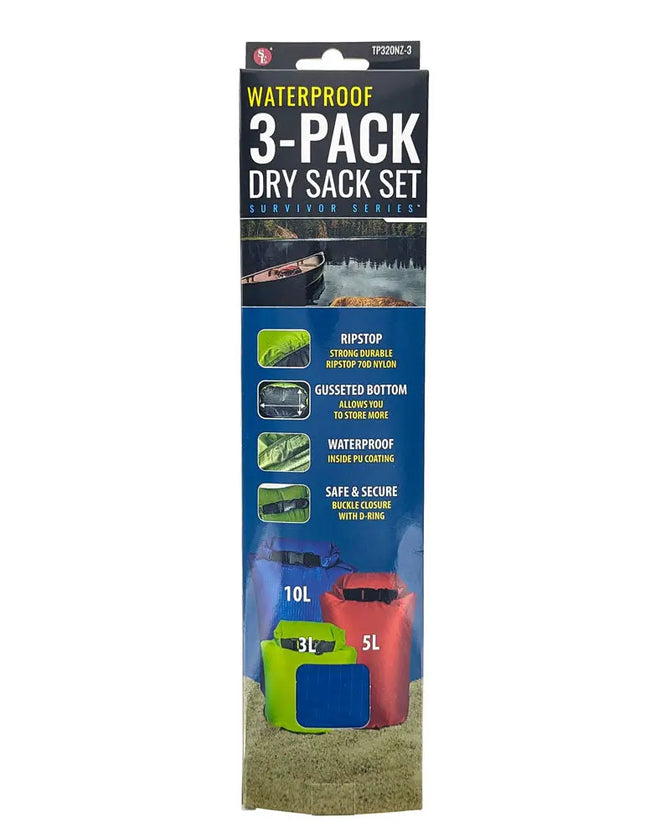 Waterproof 3-pack dry sack set, survivor series, with ripstop, gusseted bottom, and buckle closure