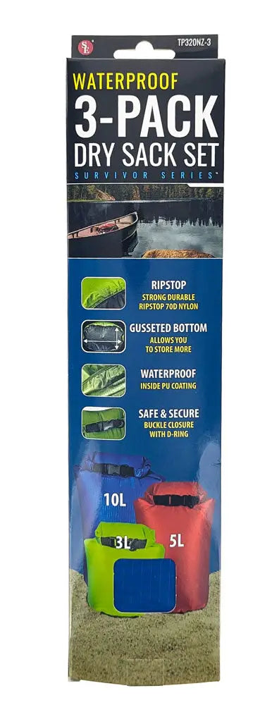 Waterproof 3-pack dry sack set, survivor series, with ripstop, gusseted bottom, and buckle closure