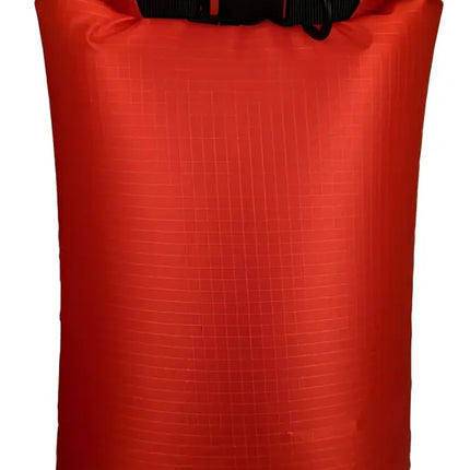 Red dry bag with a black buckle closure