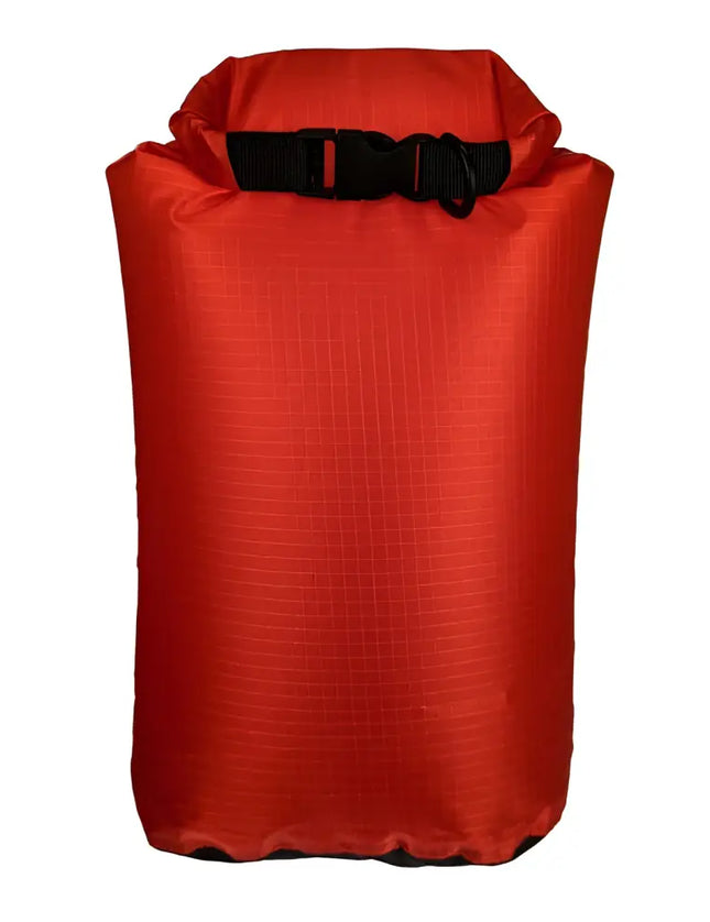 Red dry bag with a black buckle closure