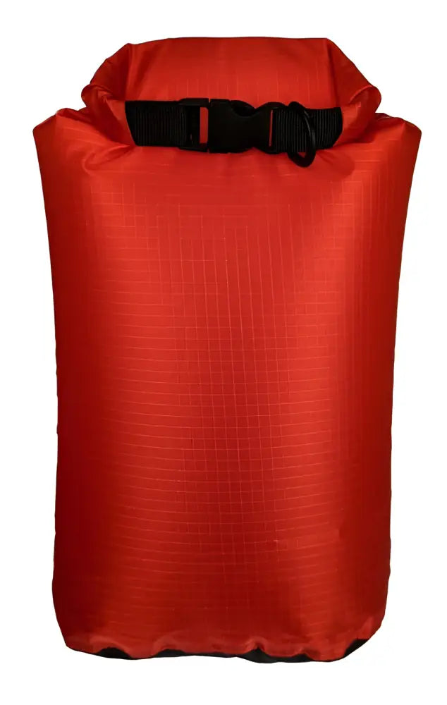 Red dry bag with a black buckle closure