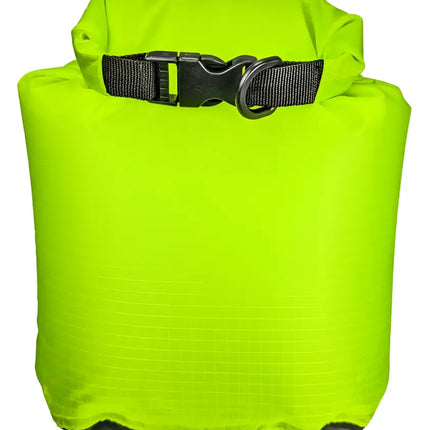 Neon green dry bag with a black buckle closure