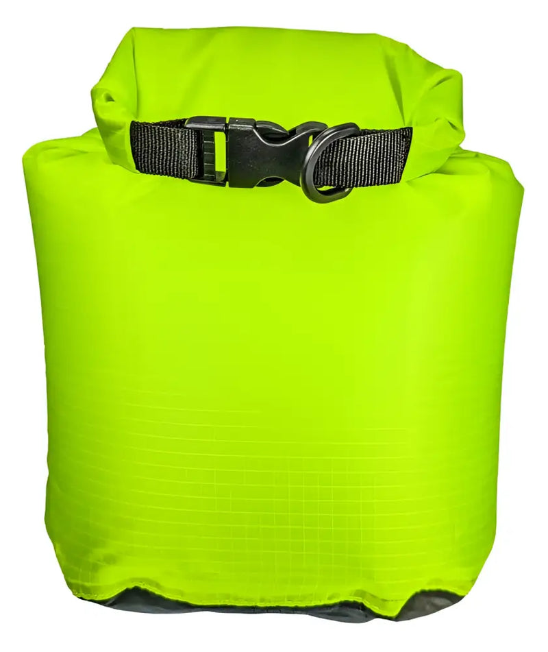 Neon green dry bag with a black buckle closure