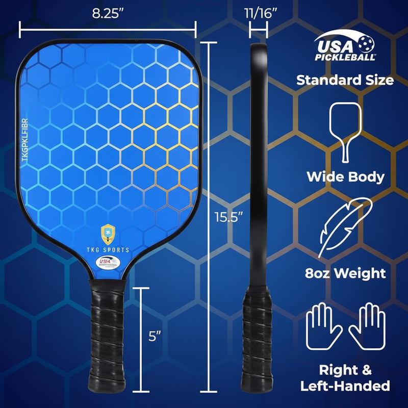 Blue pickleball paddle with measurements and features on a blue background