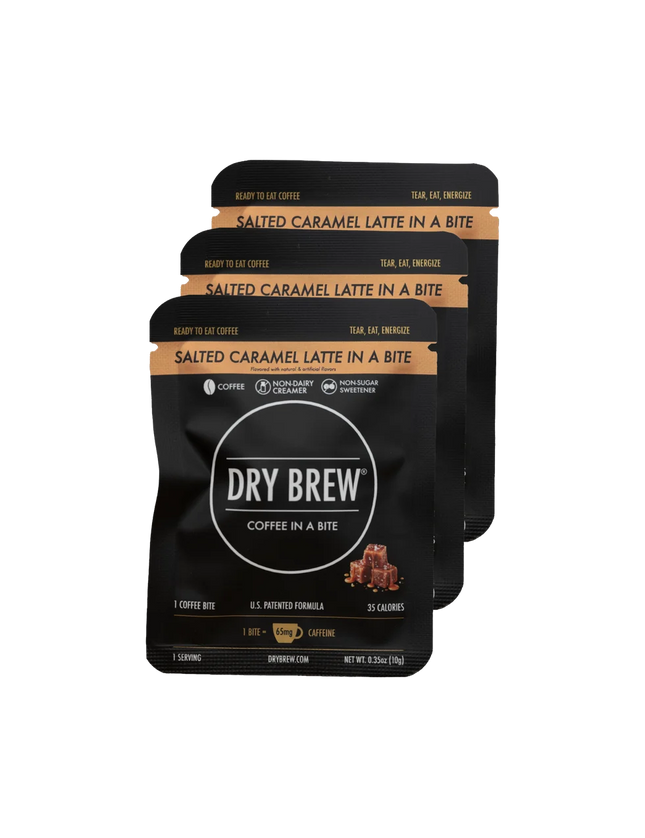 Three stacked Dry Brew coffee pouches labeled 'Salted Caramel Latte in a Bite' on a plain white background.