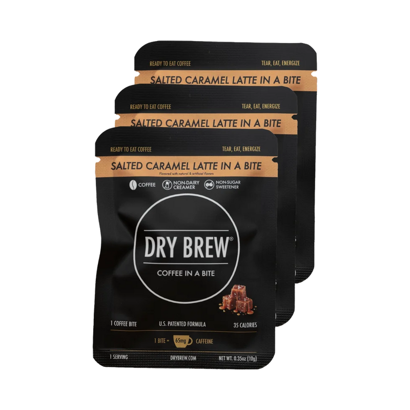 Three stacked Dry Brew coffee pouches labeled 'Salted Caramel Latte in a Bite' on a plain white background.