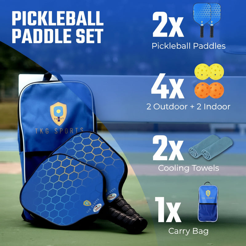 Pickleball paddle set with paddles, balls, cooling towels, and carry bag on a pickleball court background.
