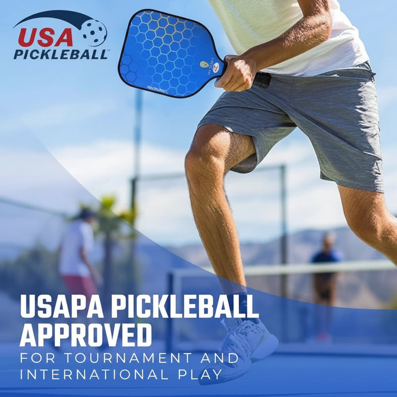 Person playing pickleball with a blue paddle, featuring USA Pickleball branding.
