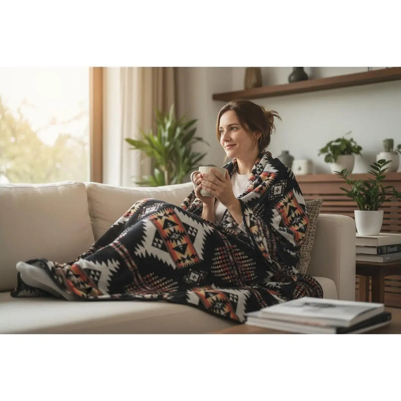Woman sitting on a couch wrapped in a patterned blanket, holding a mug in a cozy living room.