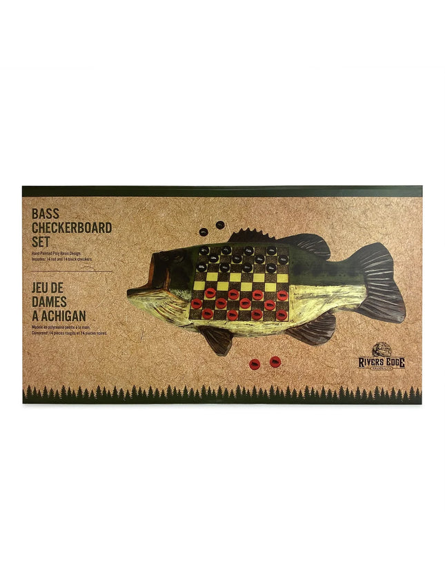 Rivers Dog Bass Checkerboard Set packaging, featuring a rustic brown background with an illustration of a bass fish holding a checkered head on its back, with red and black checkers scattered around.