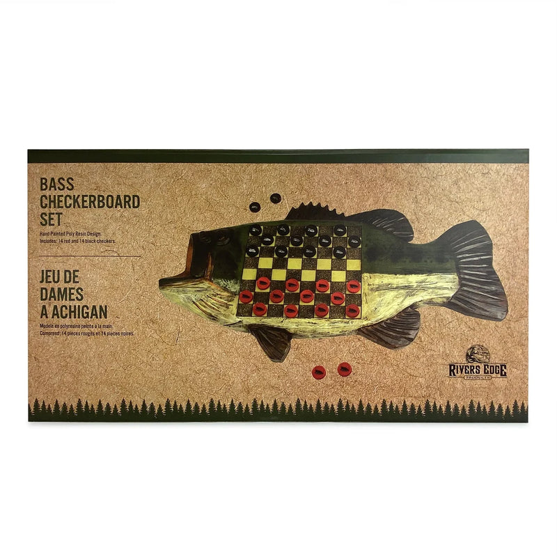 Rivers Dog Bass Checkerboard Set packaging, featuring a rustic brown background with an illustration of a bass fish holding a checkered head on its back, with red and black checkers scattered around.