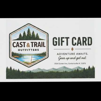 Gift card from Cast & Trail Outfitters on a black background.