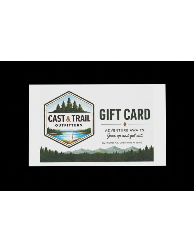 Gift card from Cast & Trail Outfitters on a black background.