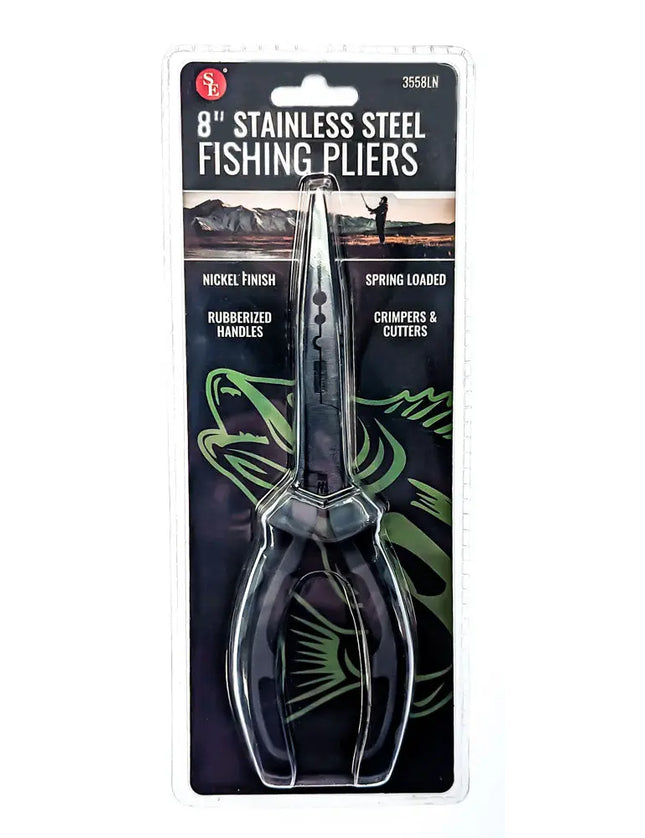 8 inch stainless steel fishing pliers in clear plastic packaging