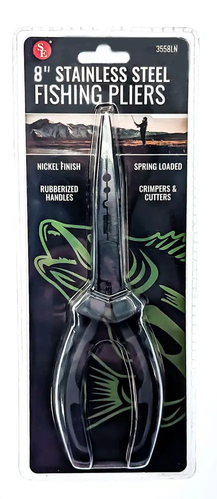 8 inch stainless steel fishing pliers in clear plastic packaging