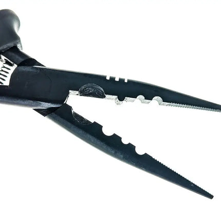 Black fishing pliers with a spring mechanism and serrated jaws