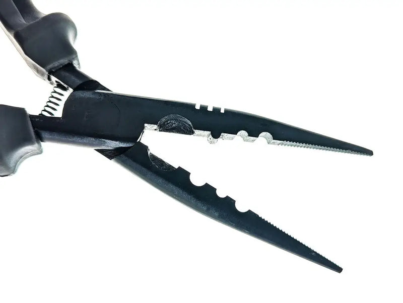 Black fishing pliers with a spring mechanism and serrated jaws