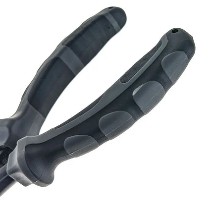 Close up of the black and grey handle of a tool