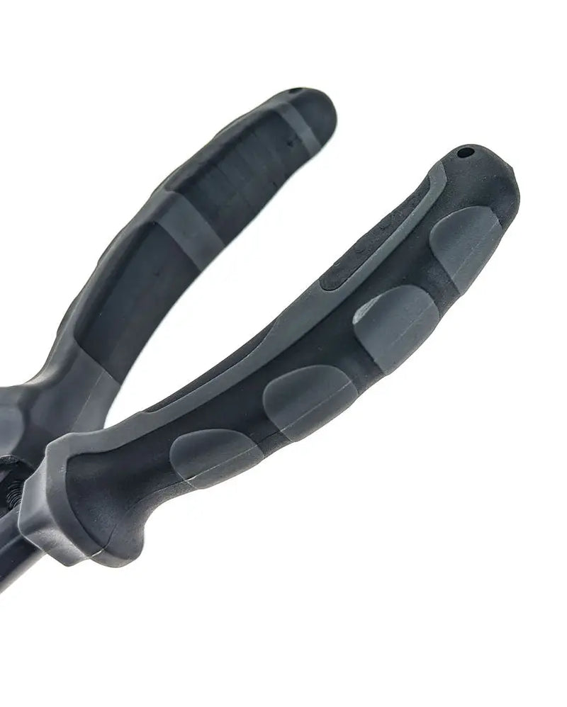 Close up of the black and grey handle of a tool