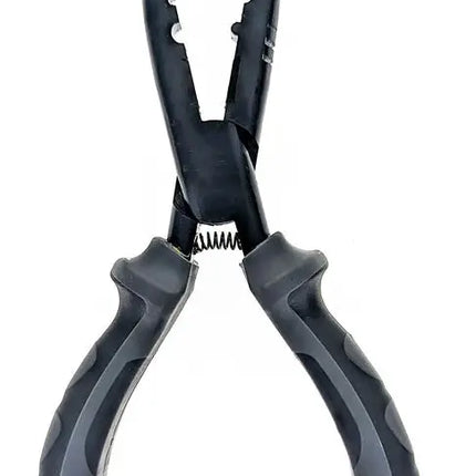 Black fishing pliers with grey handles and a spring mechanism