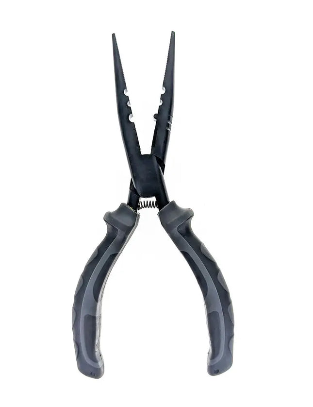 Black fishing pliers with grey handles and a spring mechanism