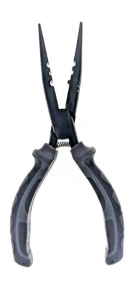 Black fishing pliers with grey handles and a spring mechanism