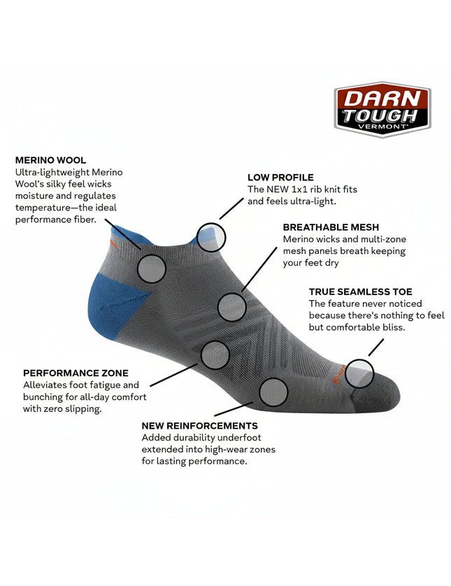 Gray sock with blue accent, featuring text on features and Darn Tough Vermont branding.