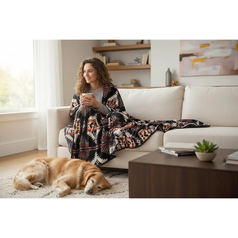 Woman sitting on a couch with a blanket and a dog lying on the floor in a cozy living room.