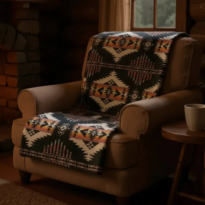 Brown armchair with a patterned blanket draped over it in a cozy room.