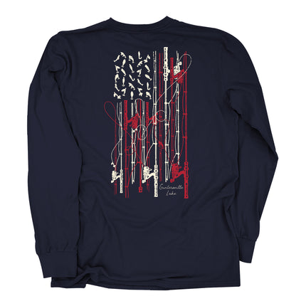 Navy long-sleeve shirt with graphic design of American flag in fishing tackle and rods on the back against a white background