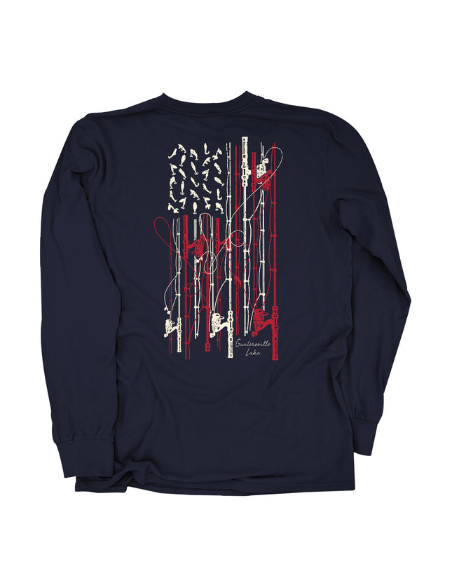 Navy long-sleeve shirt with graphic design of American flag in fishing tackle and rods on the back against a white background