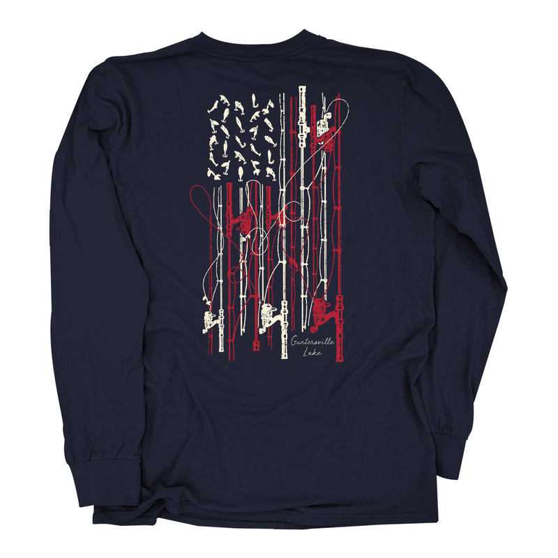 Navy long-sleeve shirt with graphic design of American flag in fishing tackle and rods on the back against a white background