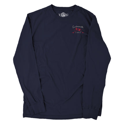 Navy long-sleeve shirt with a logo and words Guntersville Alabama on the chest against a white background