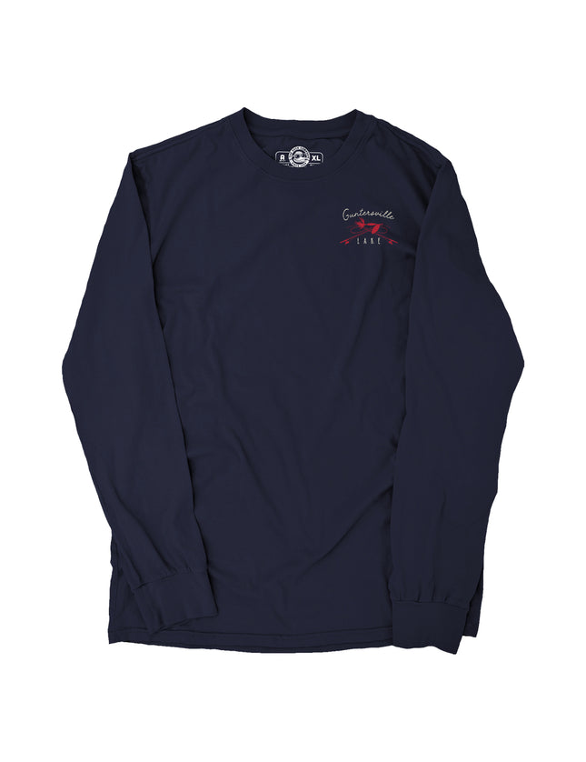Navy long-sleeve shirt with a logo and words Guntersville Alabama on the chest against a white background
